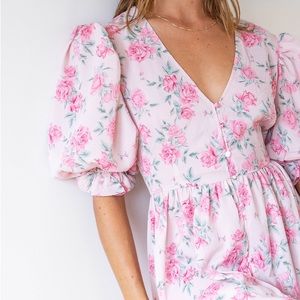 Rose Print Puff Sleeve Midi Dress US 12